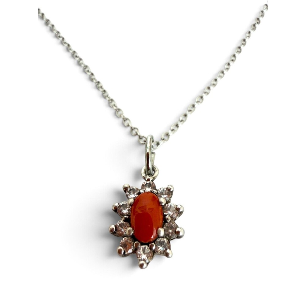 STS Sterling Silver 925 Red Coral Cabochon White Topaz Halo Pendant Chain Neckla